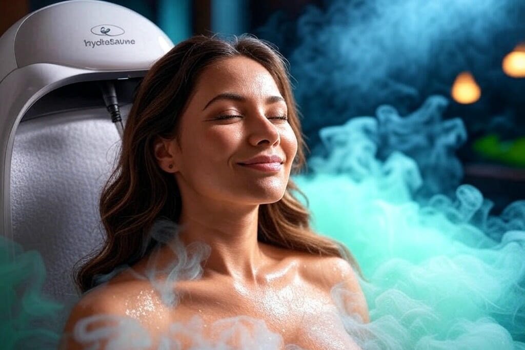 A person seated in the Hydrasauna device