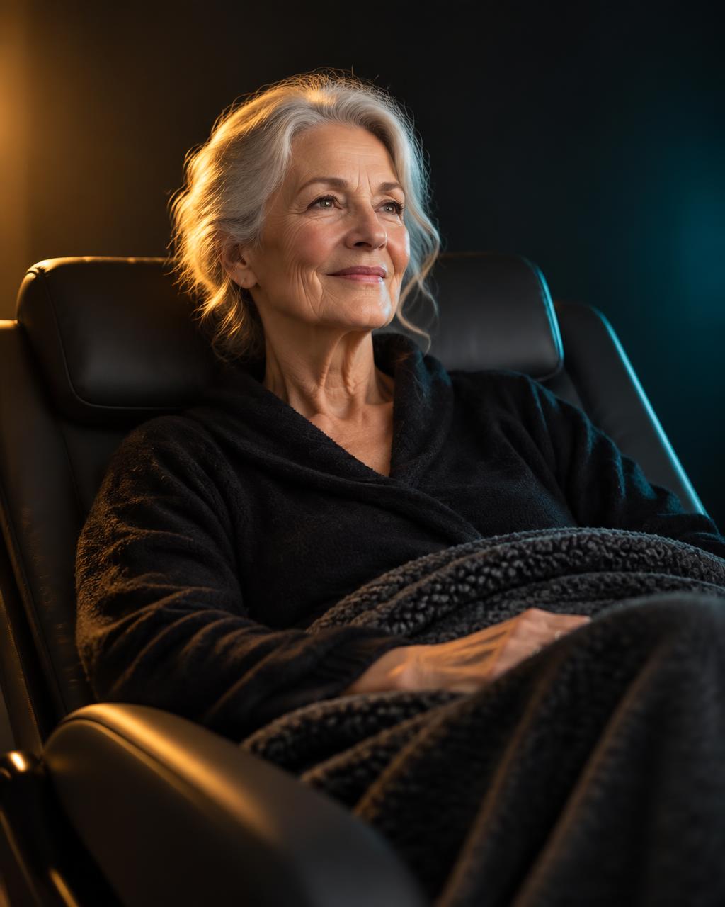 A woman in her seventies seated in a modern wellness bed, lit warmly against a dark backdrop